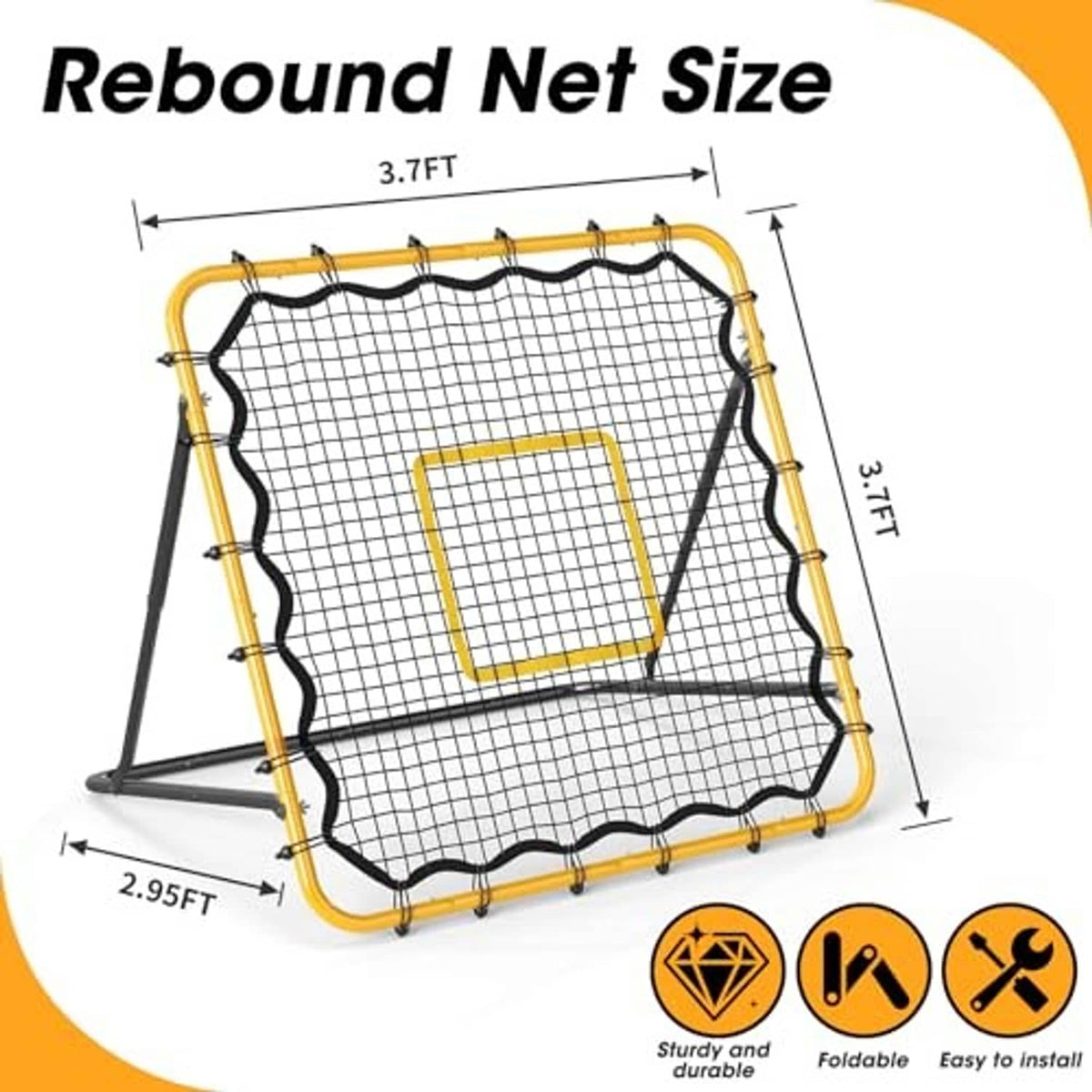 3.7x3.7 ft rebound net size diagram with yellow frame and square target net