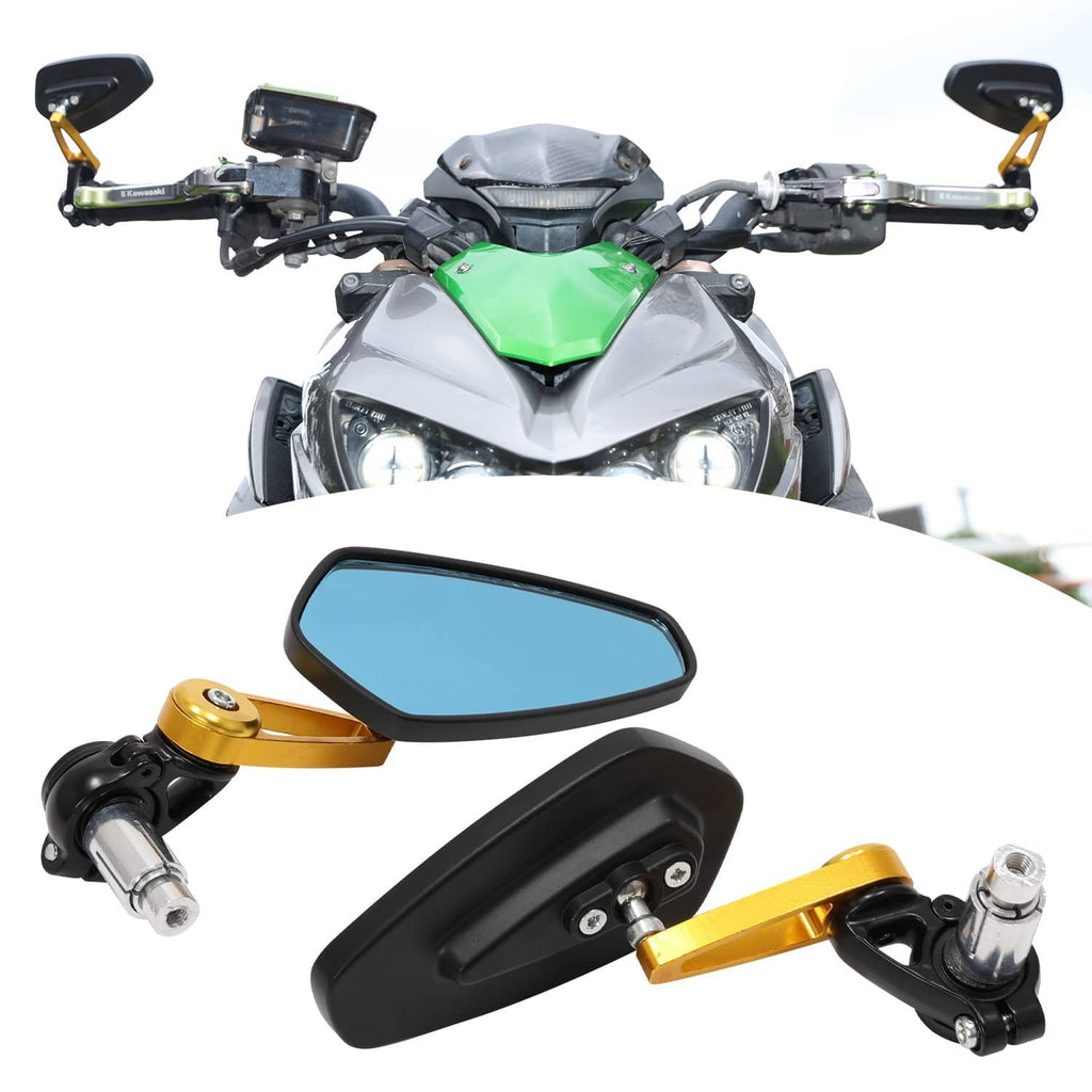 Single motorcycle bar-end side mirror with blue lens, black housing, and gold arm