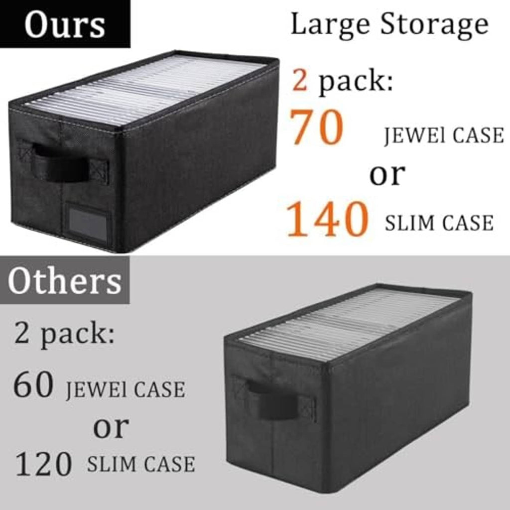 Black 2-pack fabric CD storage box set with two open-top compartments for cases