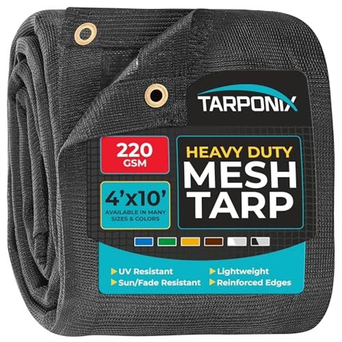 Black heavy duty mesh tarp roll labeled 4 x 10 ft, reinforced edges