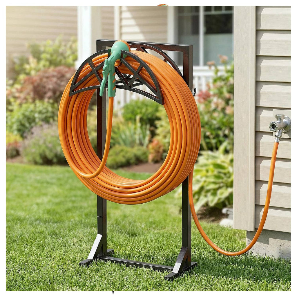 Black freestanding garden hose holder stand with orange coiled hose and green nozzle.
