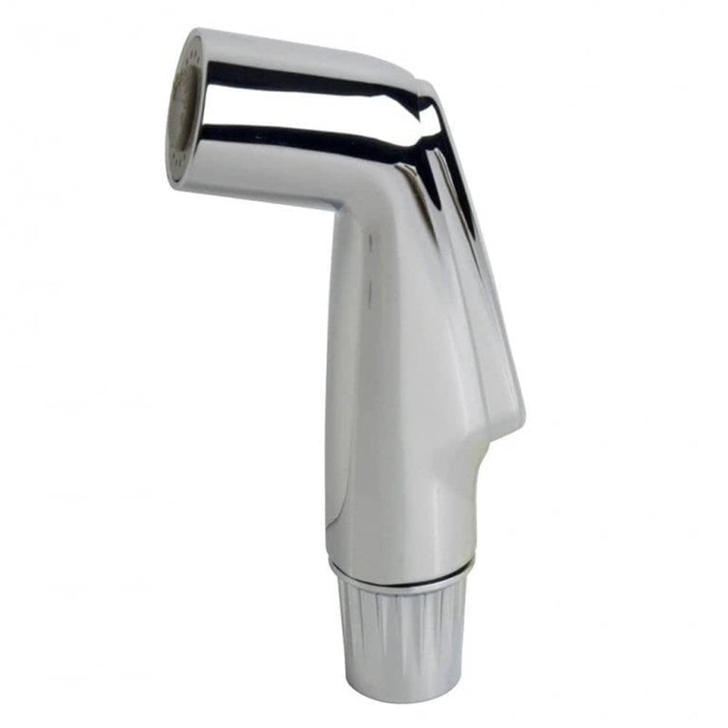 Chrome universal sink spray attachment with adjustable nozzle and spray outlet holes.