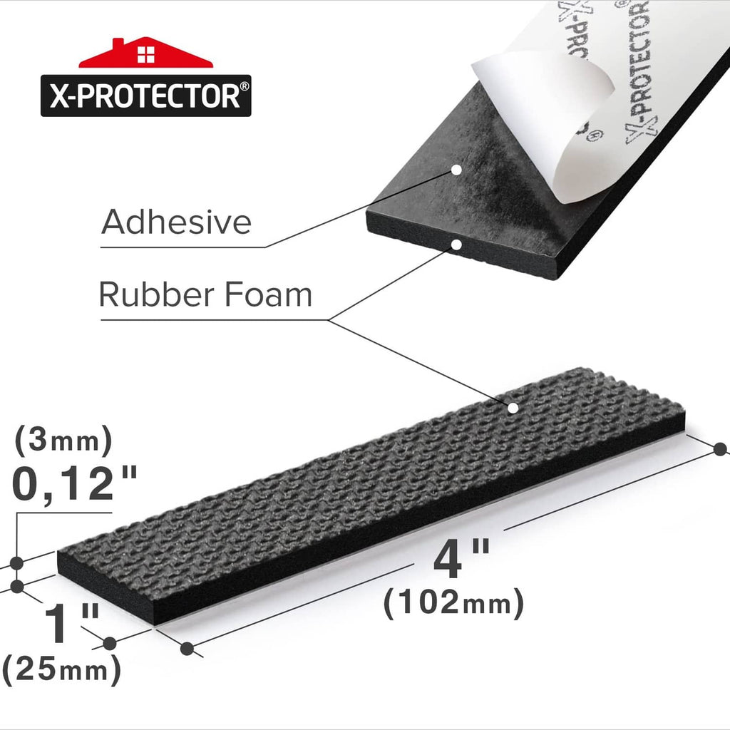 Black adhesive-backed rubber foam strip pad, textured top, 1 x 4 in size