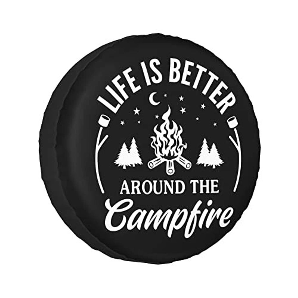 Black spare tire cover with white “Life is Better Around the Campfire” lettering and flame