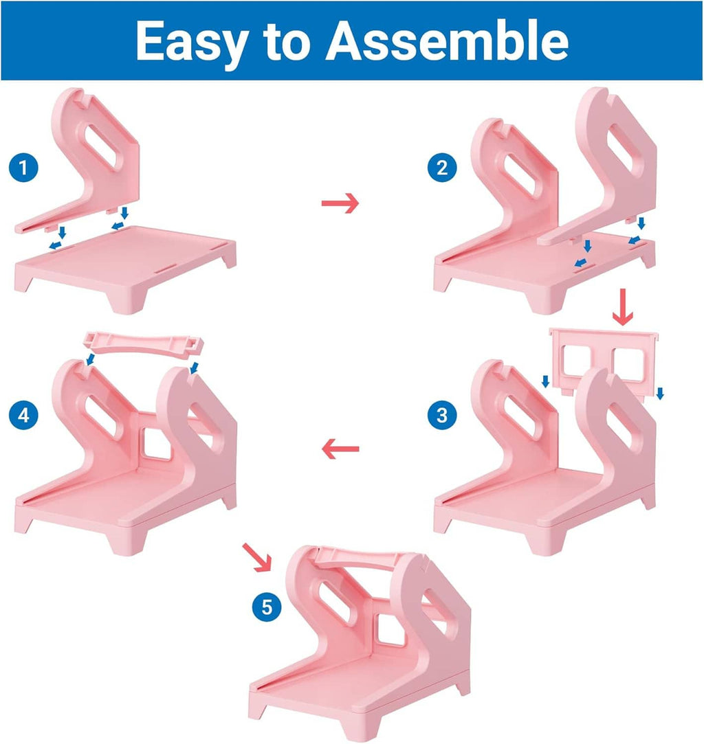 Pink label holder with numbered assembly steps and arrows