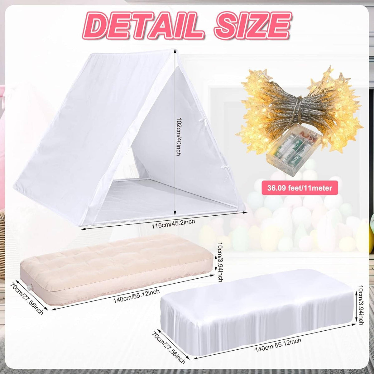 White teepee tent and inflatable airbed size diagram, with included air pump