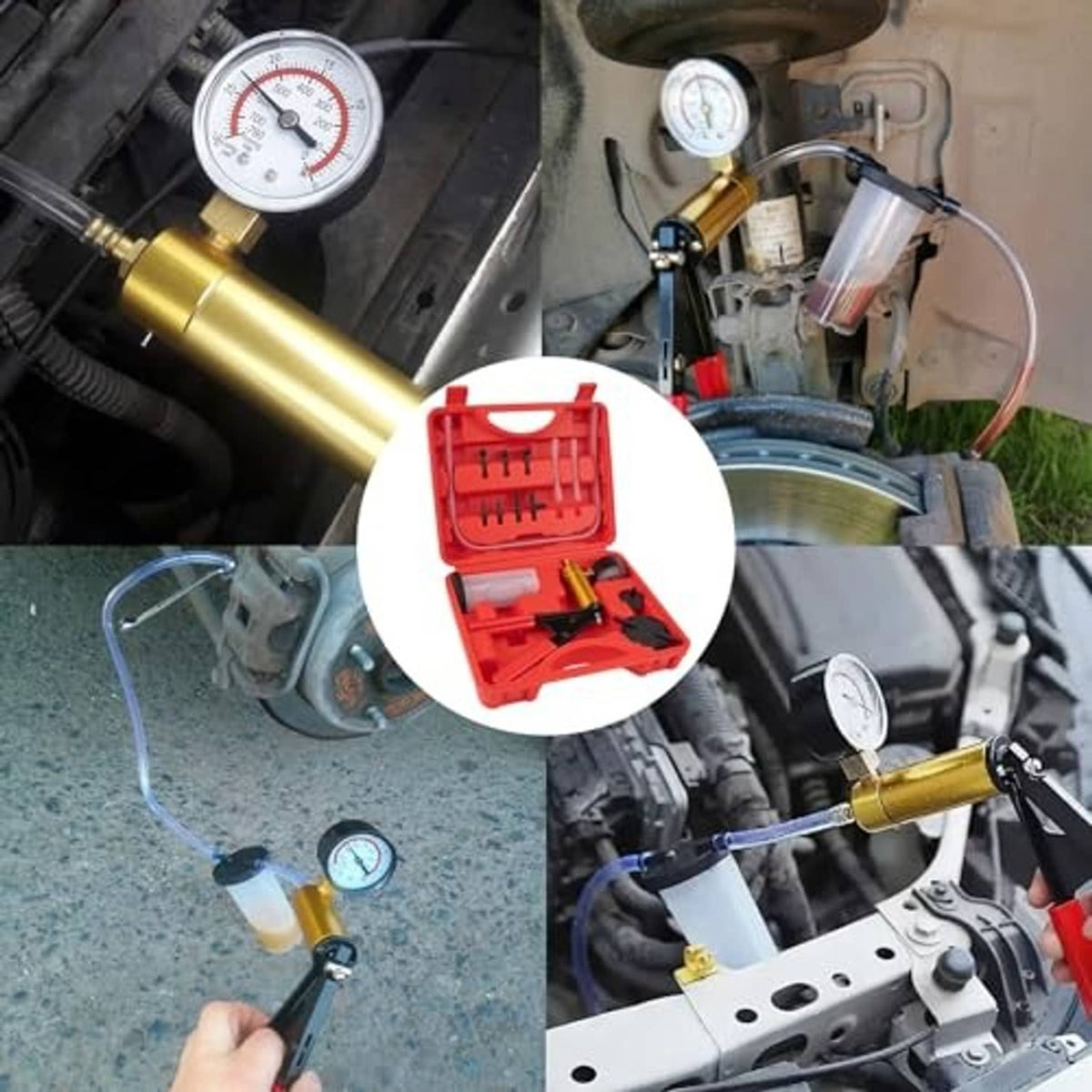 Brake bleeder vacuum pump kit parts and installed setup with pressure gauge and hoses