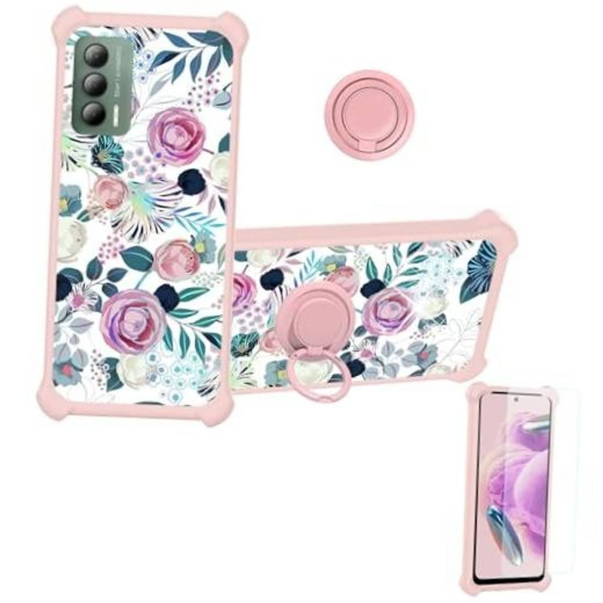 Phone case set: pink floral protective case with camera cutouts and ring grip