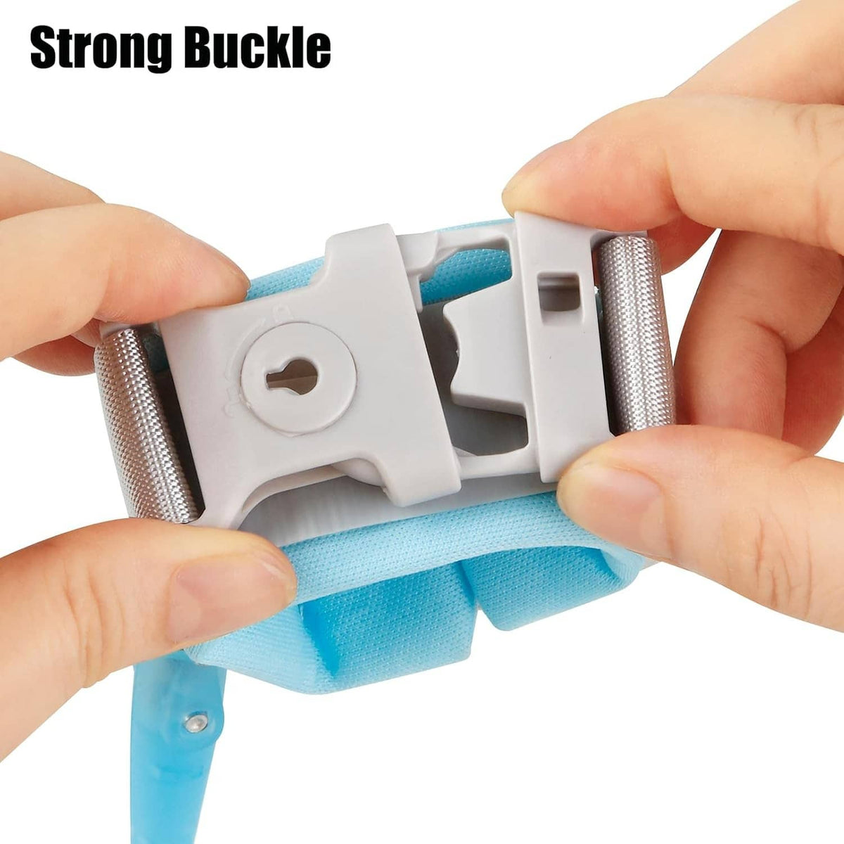 Adjustable wrist link buckle with grey latch and light blue webbing strap