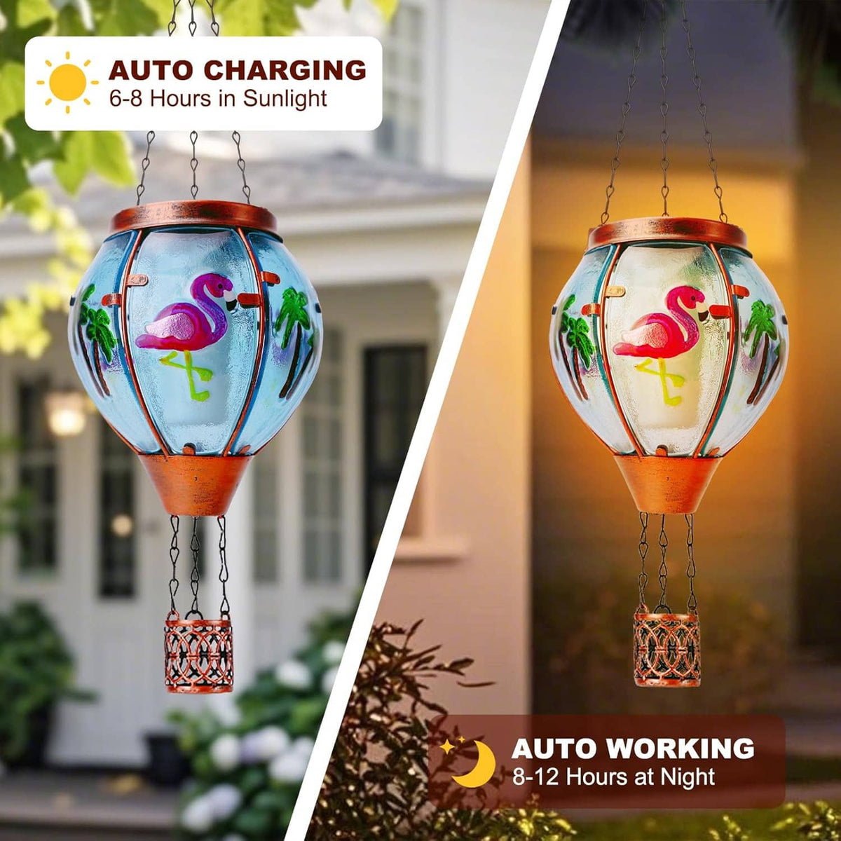 Solar glass flamingo lantern showing warm glow with copper top and red hanging basket