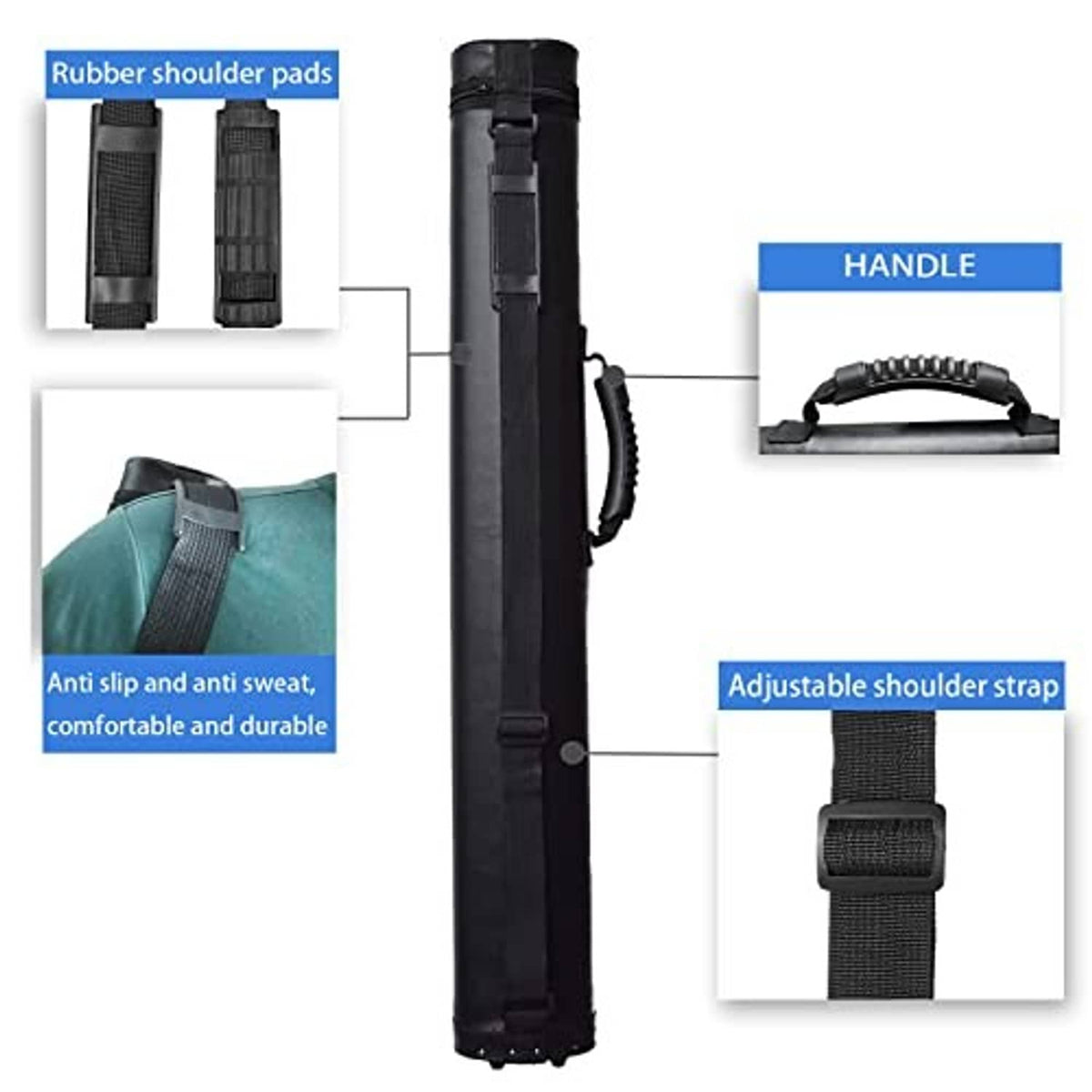 Hard pool cue case with adjustable shoulder strap, black exterior and carry handle