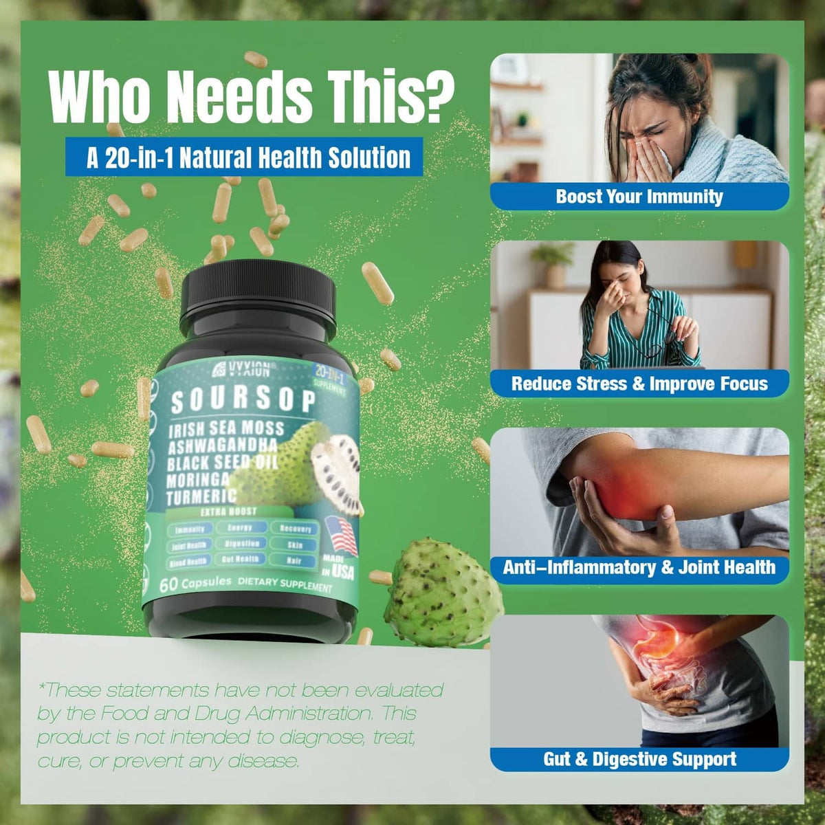 Supplement bottle with black cap on a green promotional card