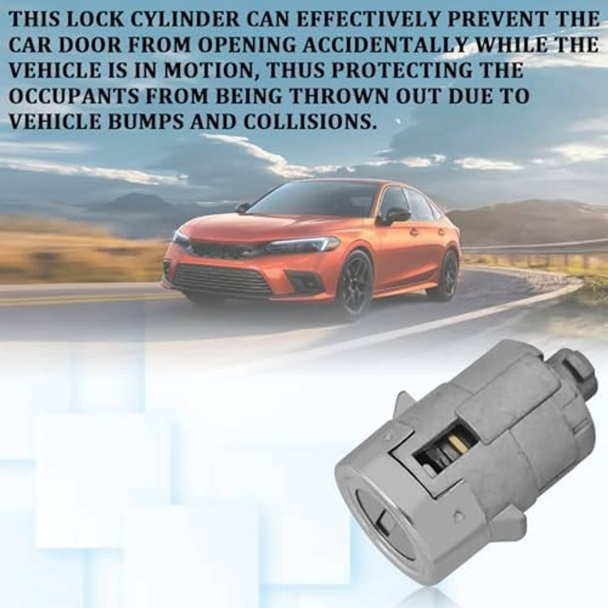 Silver car door lock cylinder with key, close to a door lock opening
