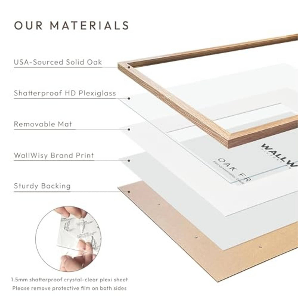 Oak picture frame materials: HD plexiglass, removable mat, brand print