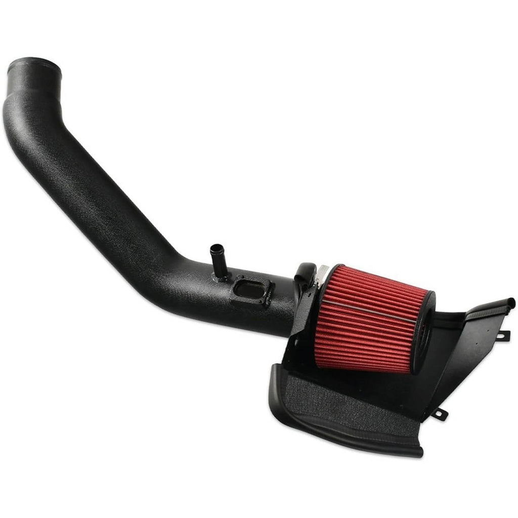 Black cold air intake tube with red cone air filter and mounting bracket
