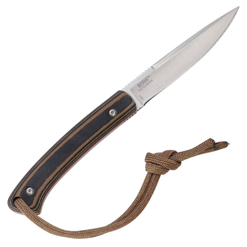 Fixed blade knife with tan paracord lanyard and striped dark G10 handle
