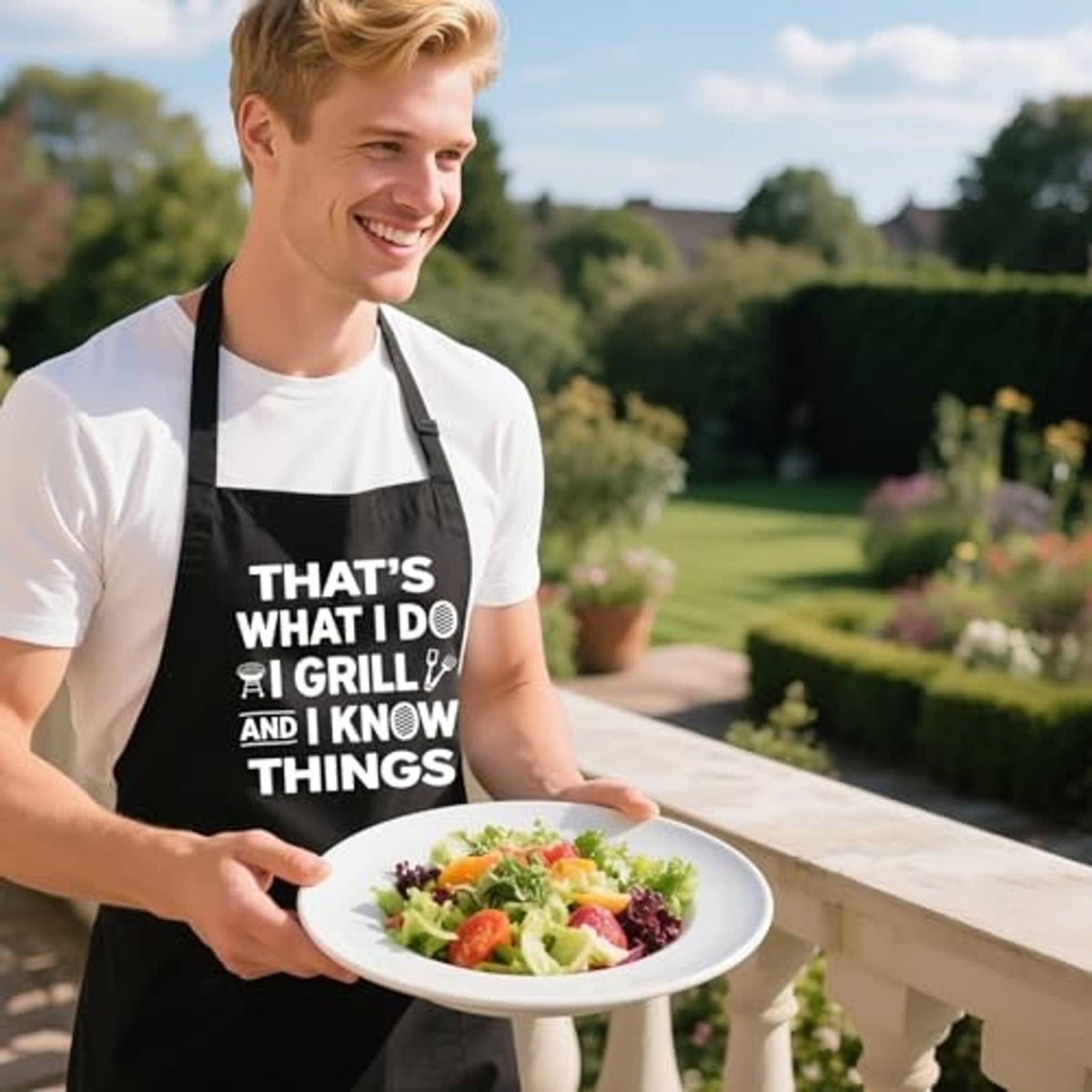Black grilling apron with white humorous text and adjustable neck strap, worn outdoors
