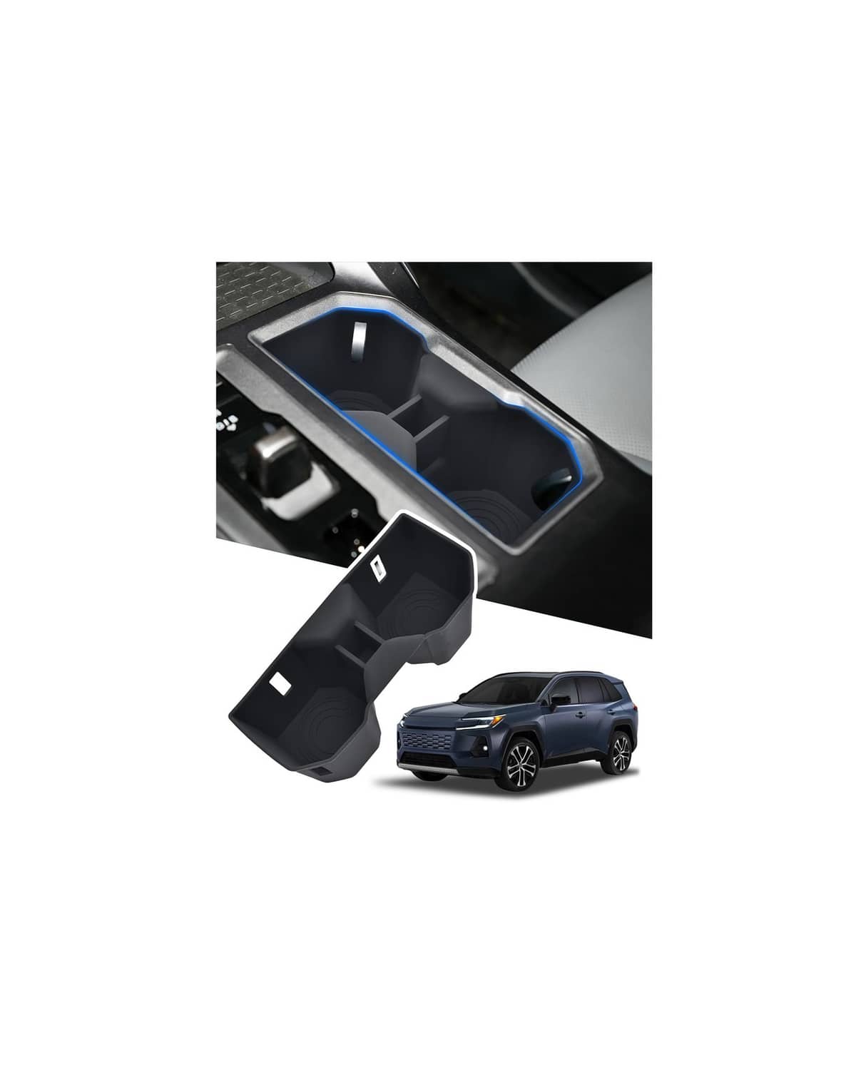 Set of black cup holder inserts with blue trim, shaped for center console cup slots