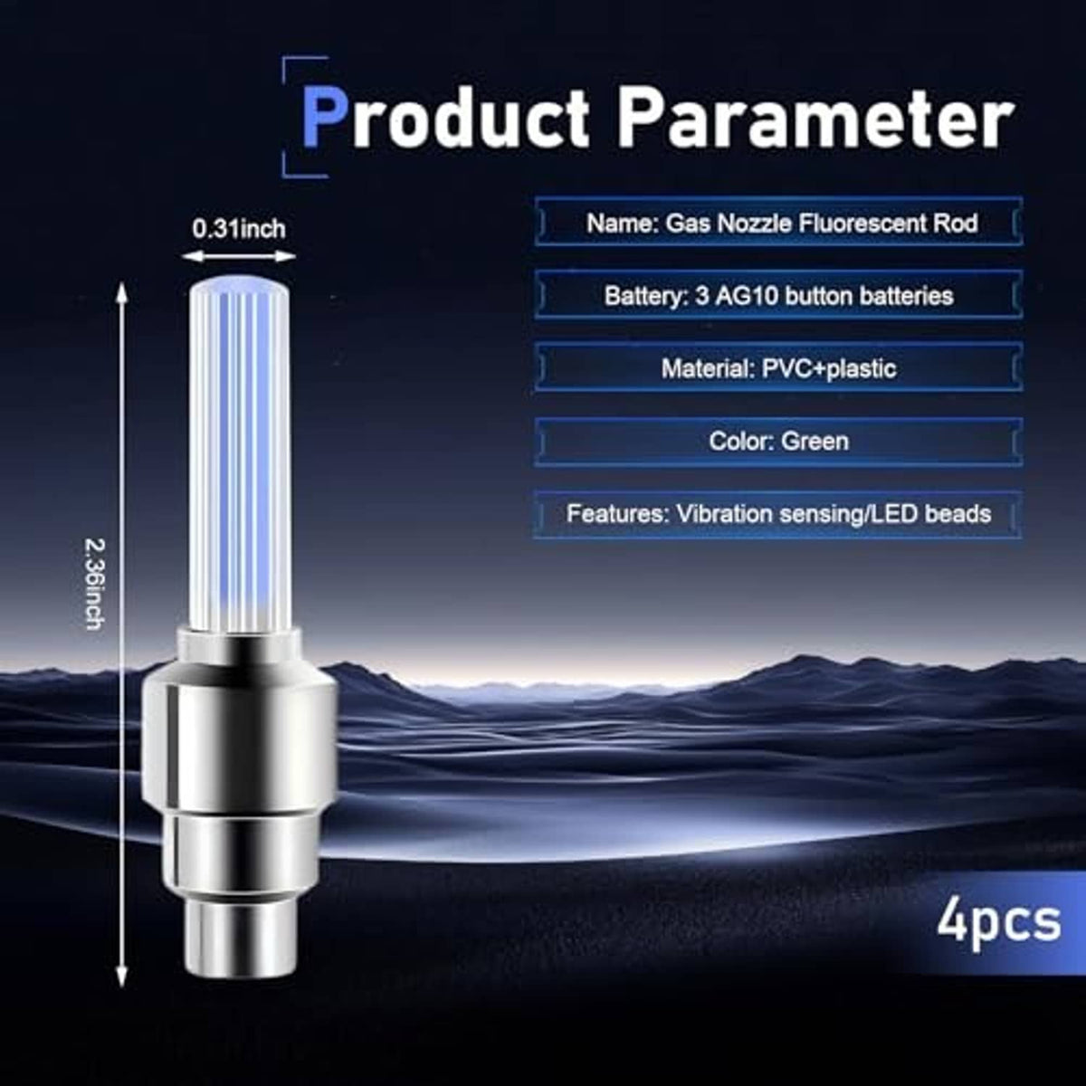 Single LED tire valve stem cap with blue glowing tube and silver metal body
