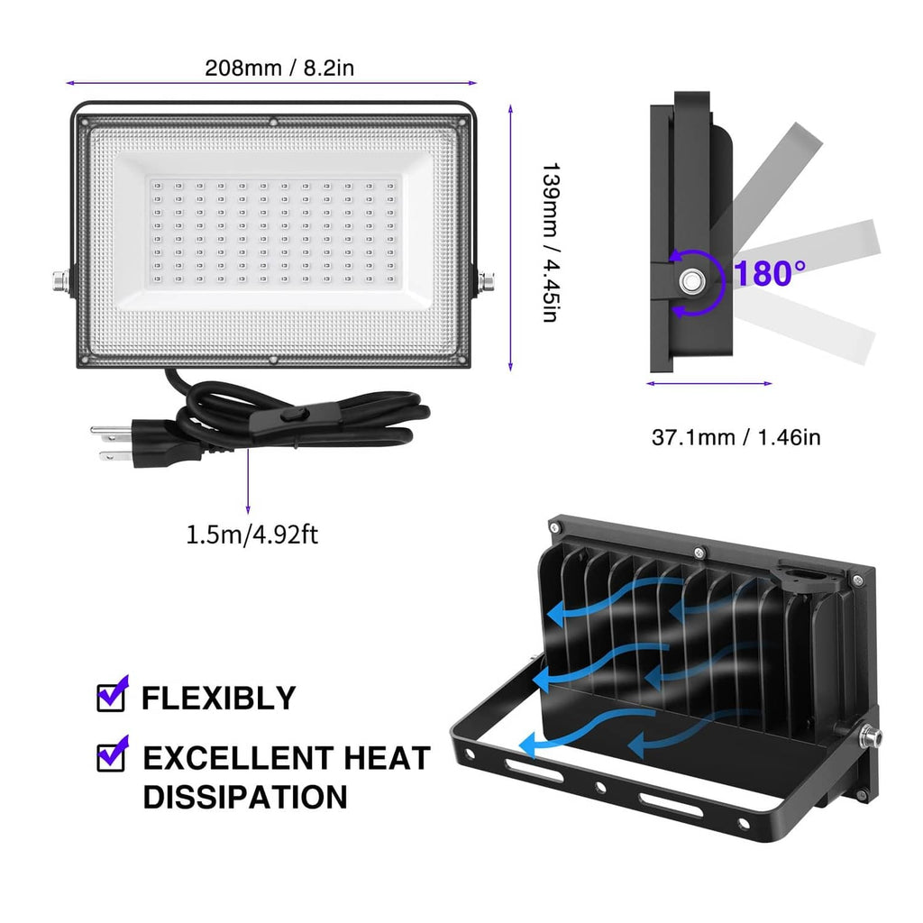 Rectangular LED blacklight floodlight with adjustable bracket and attached power cord