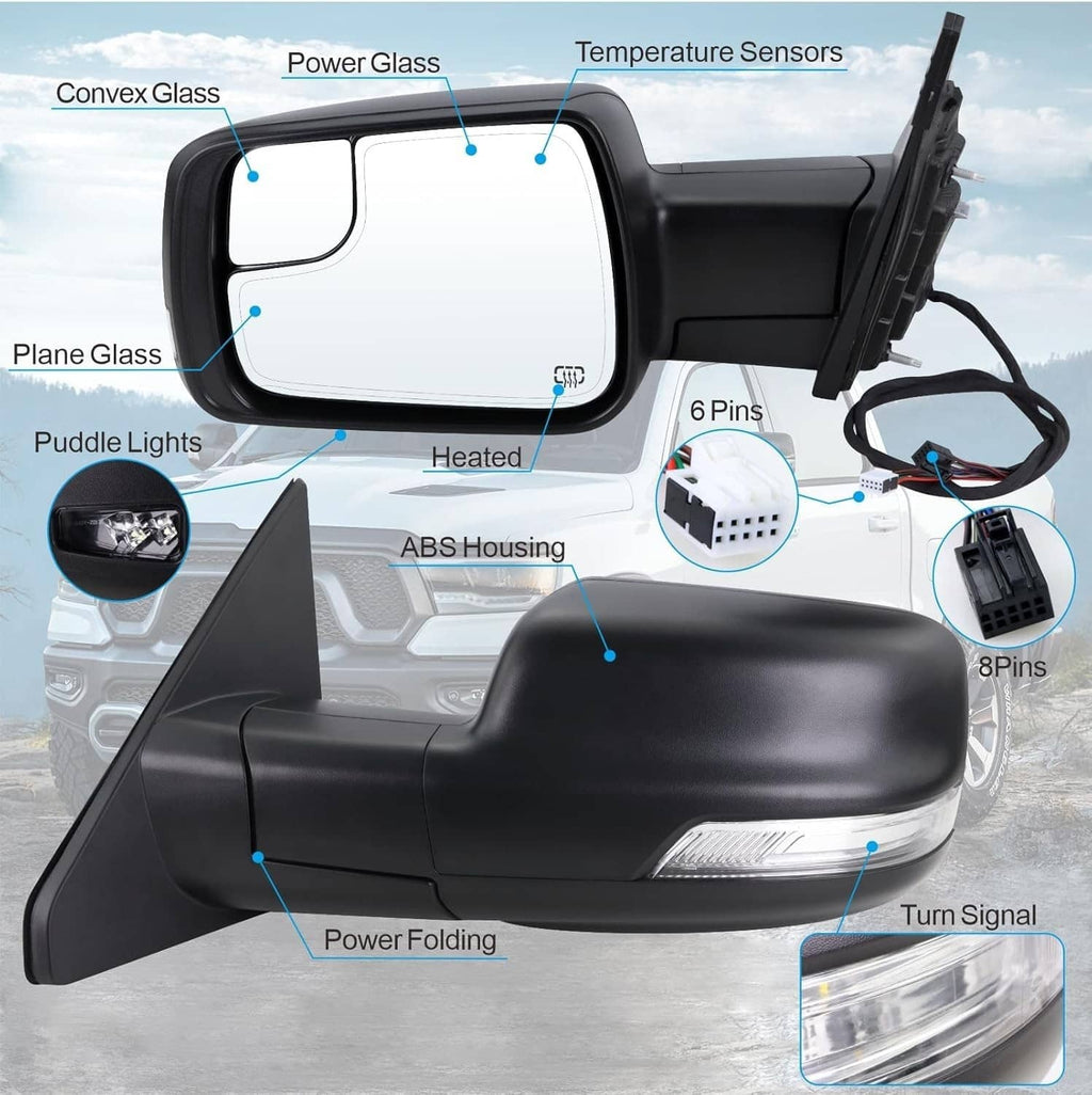 Heated power folding side mirror pair showing labeled glass types, sensors, and wiring ports