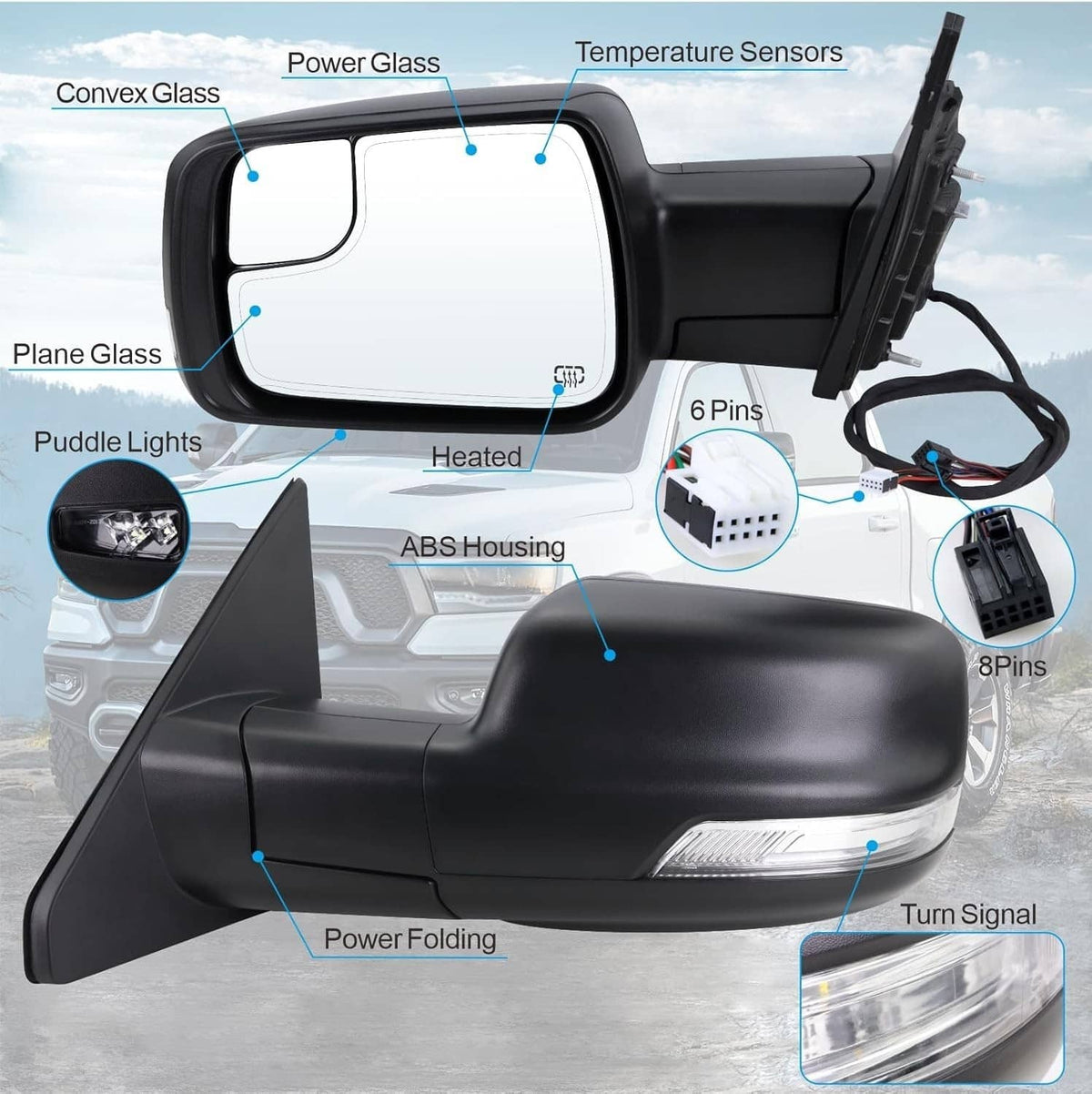 Heated power folding side mirror pair showing labeled glass types, sensors, and wiring ports