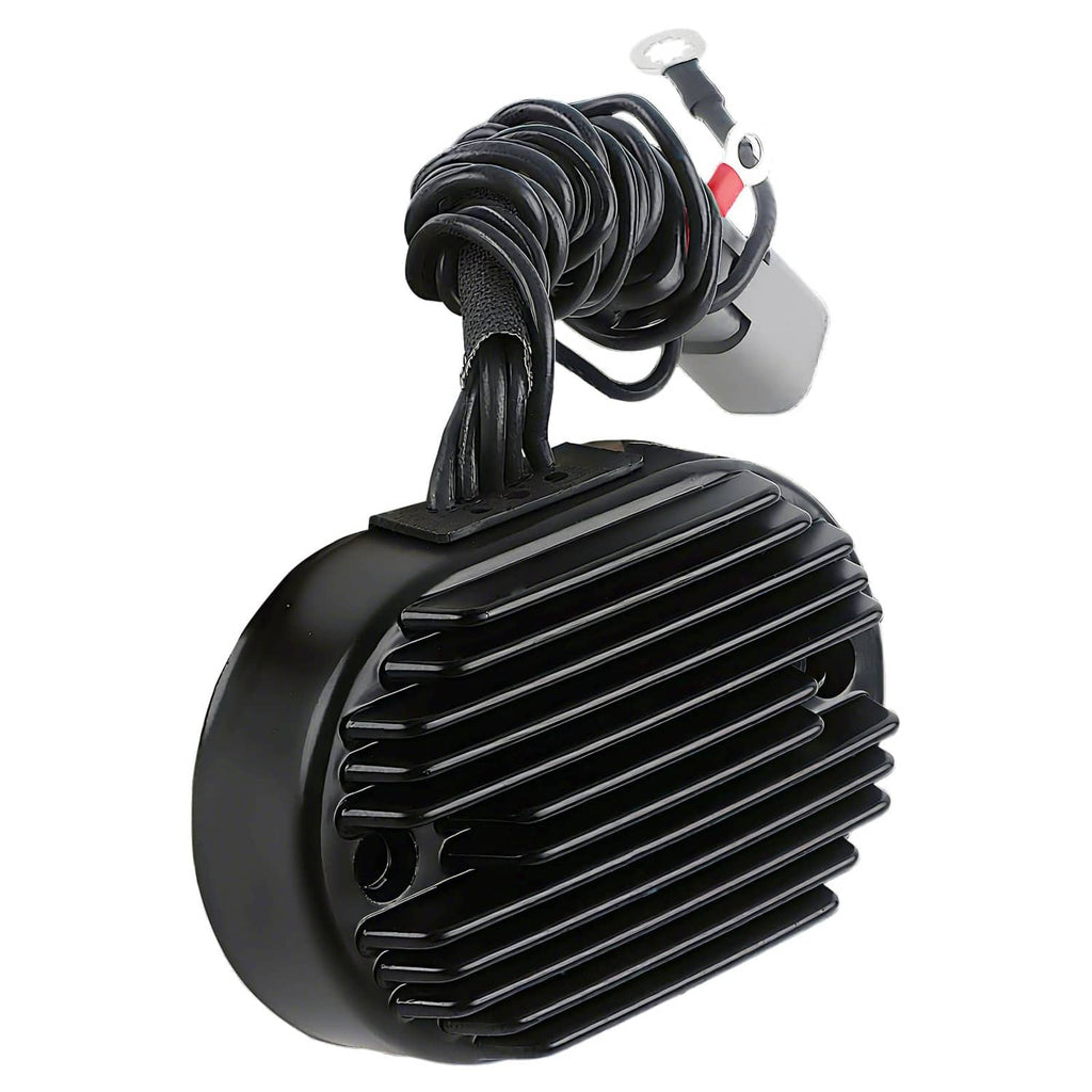 Black voltage regulator rectifier with wire harness and gray electrical connector
