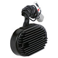 Black voltage regulator rectifier with wire harness and gray electrical connector