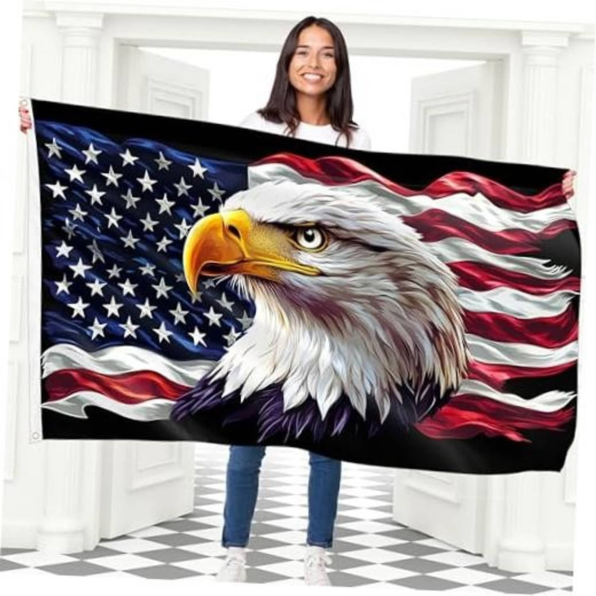 Eagle patriotic flag with large bald eagle face over wavy American stars and stripes