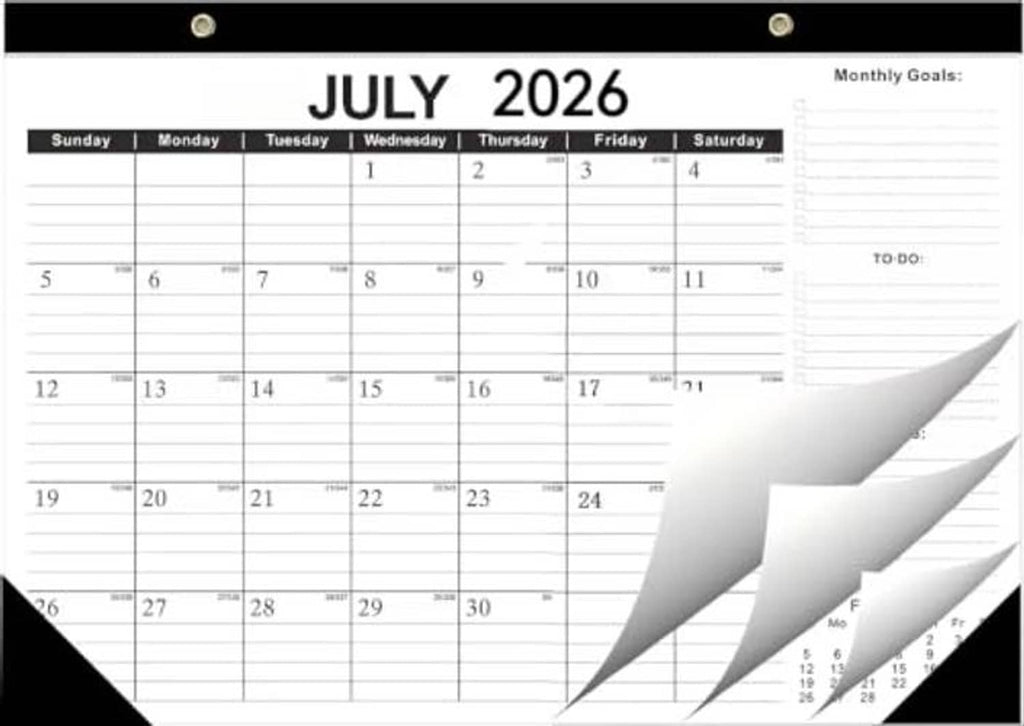 July 2026 monthly desk calendar with black top strip and layered pages at right
