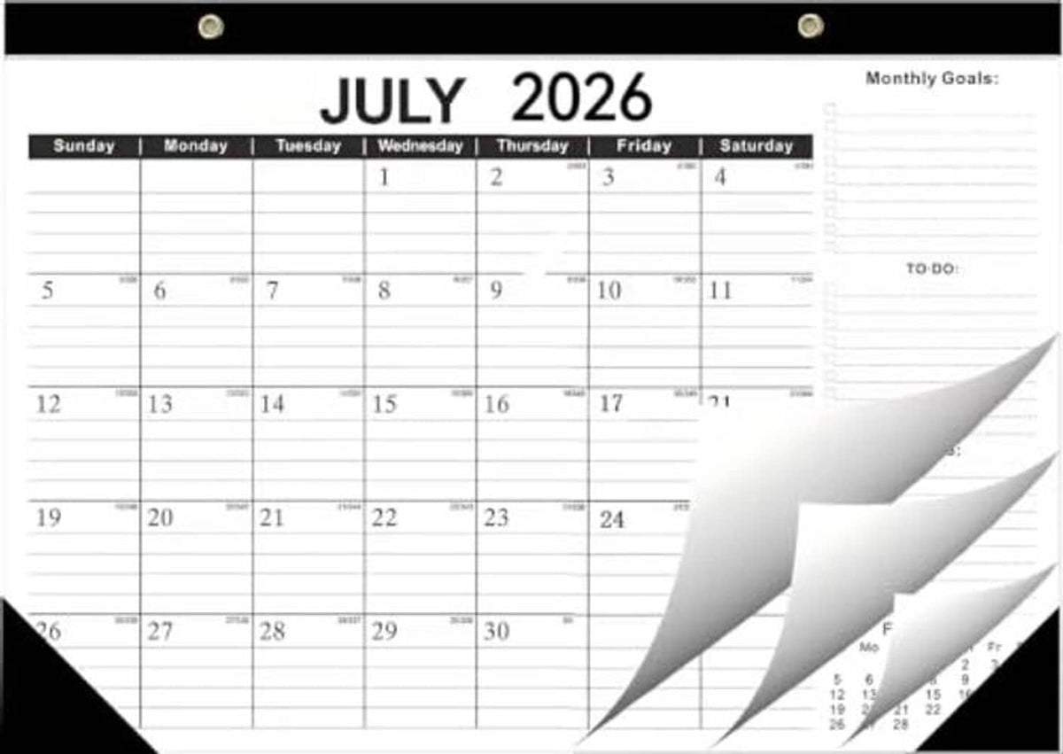 July 2026 monthly desk calendar with black top strip and layered pages at right