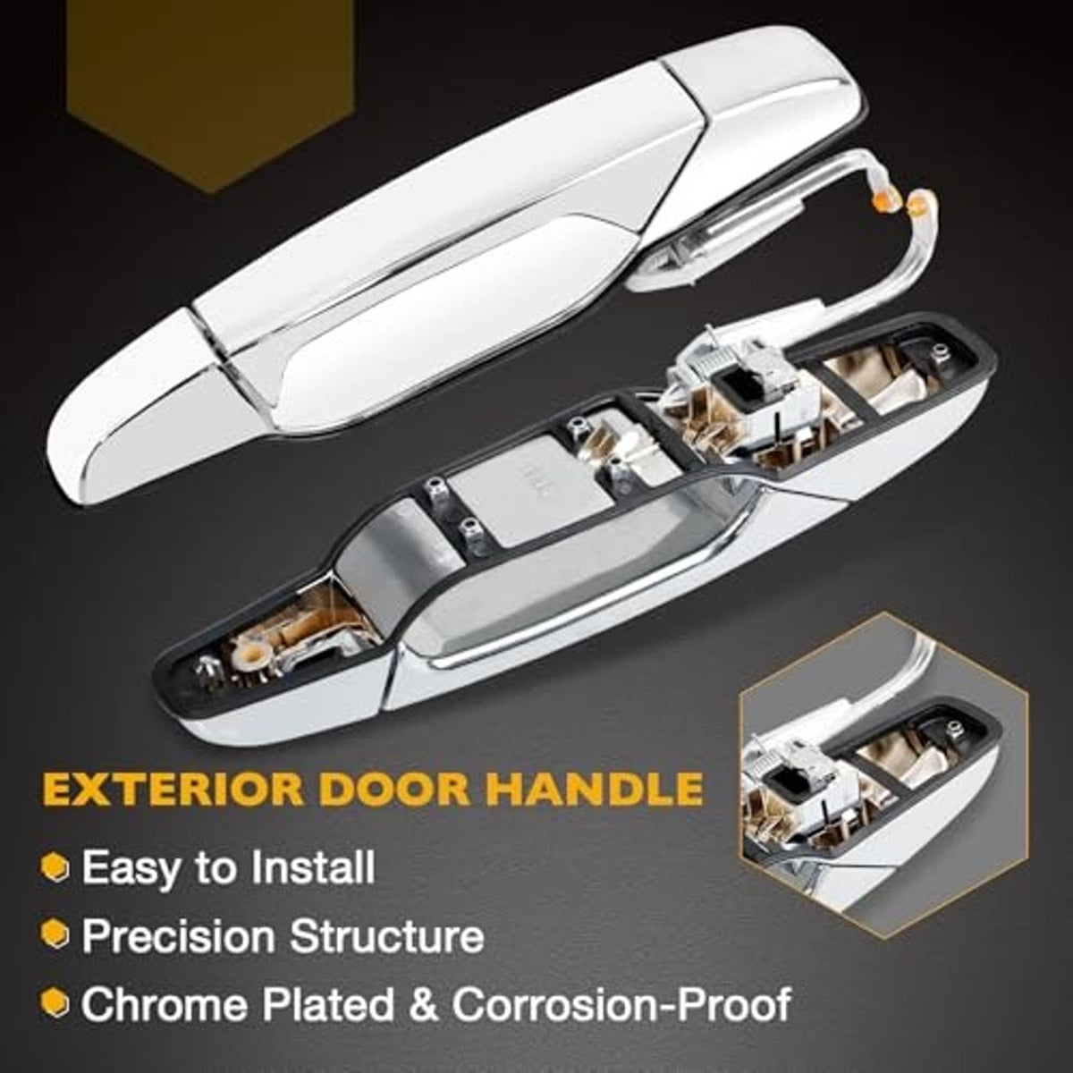 Chrome exterior door handle and inner latch assembly, front right passenger-side view.