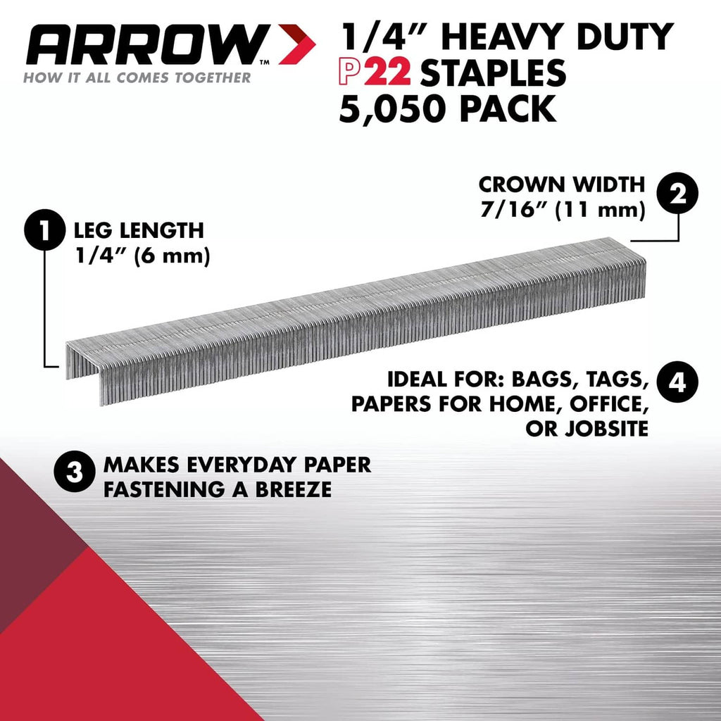 Arrow P22 heavy-duty staples strip with 1/4 in leg length and 7/16 in crown