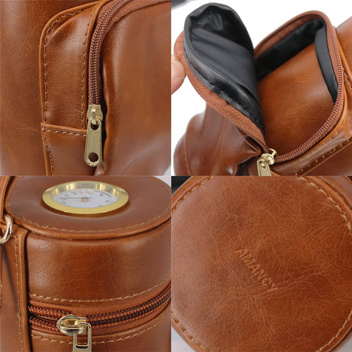 Brown leather cigar humidor close-up: zipper pulls, stitched pocket detail, and lid seal