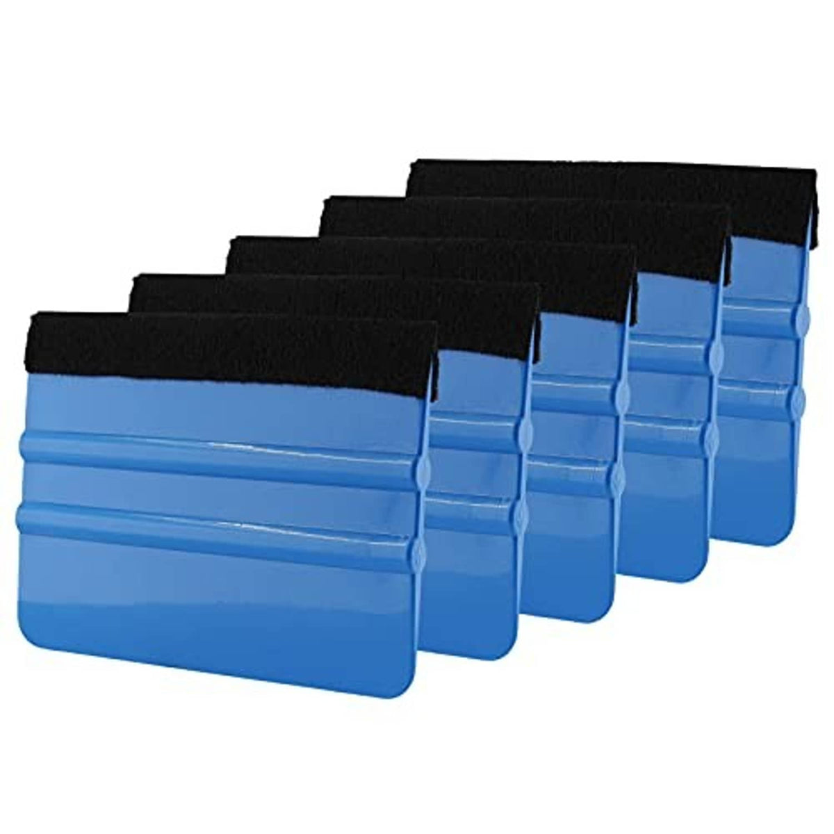Five blue felt-edge squeegees with black scraper strips, staggered stack view