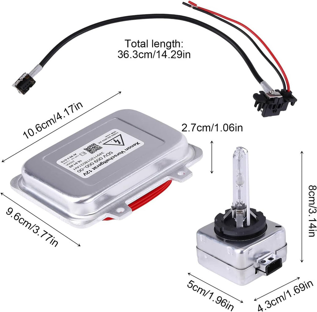 Xenon HID ballast control unit igniter module with cables, dimensions, and xenon bulb