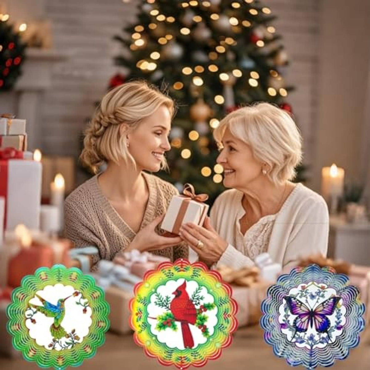 Set of three outdoor wind spinners with bird and butterfly designs, rainbow scalloped rings.