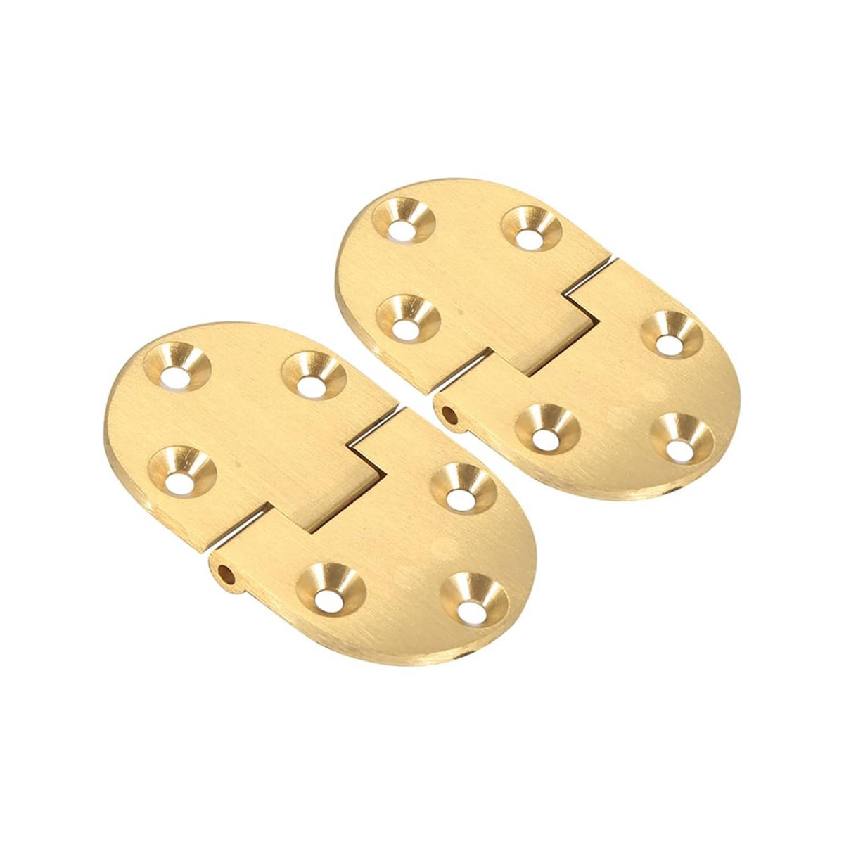 Two brass Butler-style tray hinges, round plates with countersunk screw holes