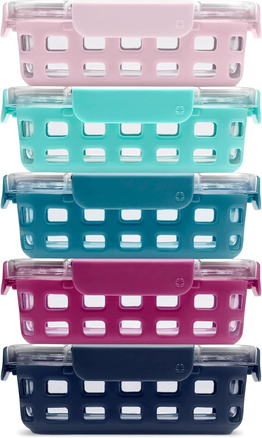 Stacked glass meal prep containers with clear lids in pink, teal, and dark blue