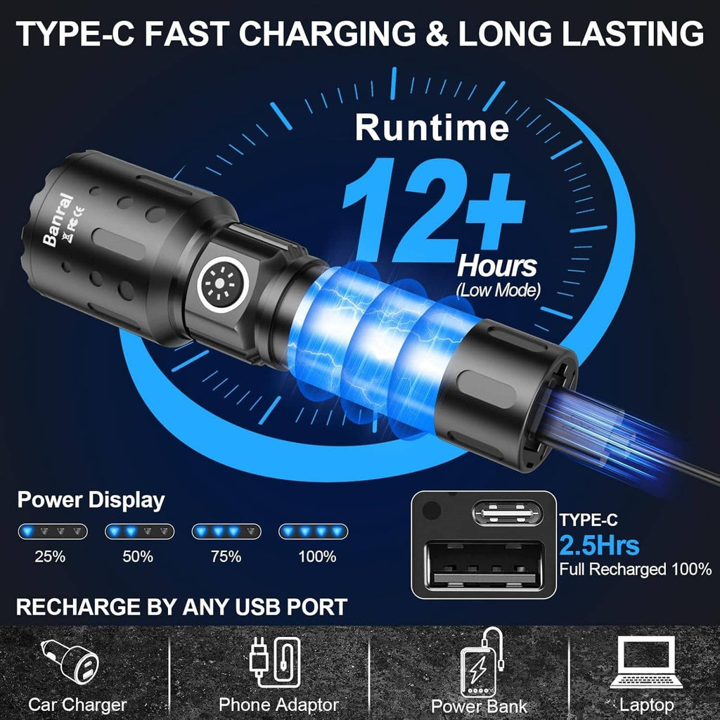 Black rechargeable LED flashlight with Type-C charging and long-lasting runtime