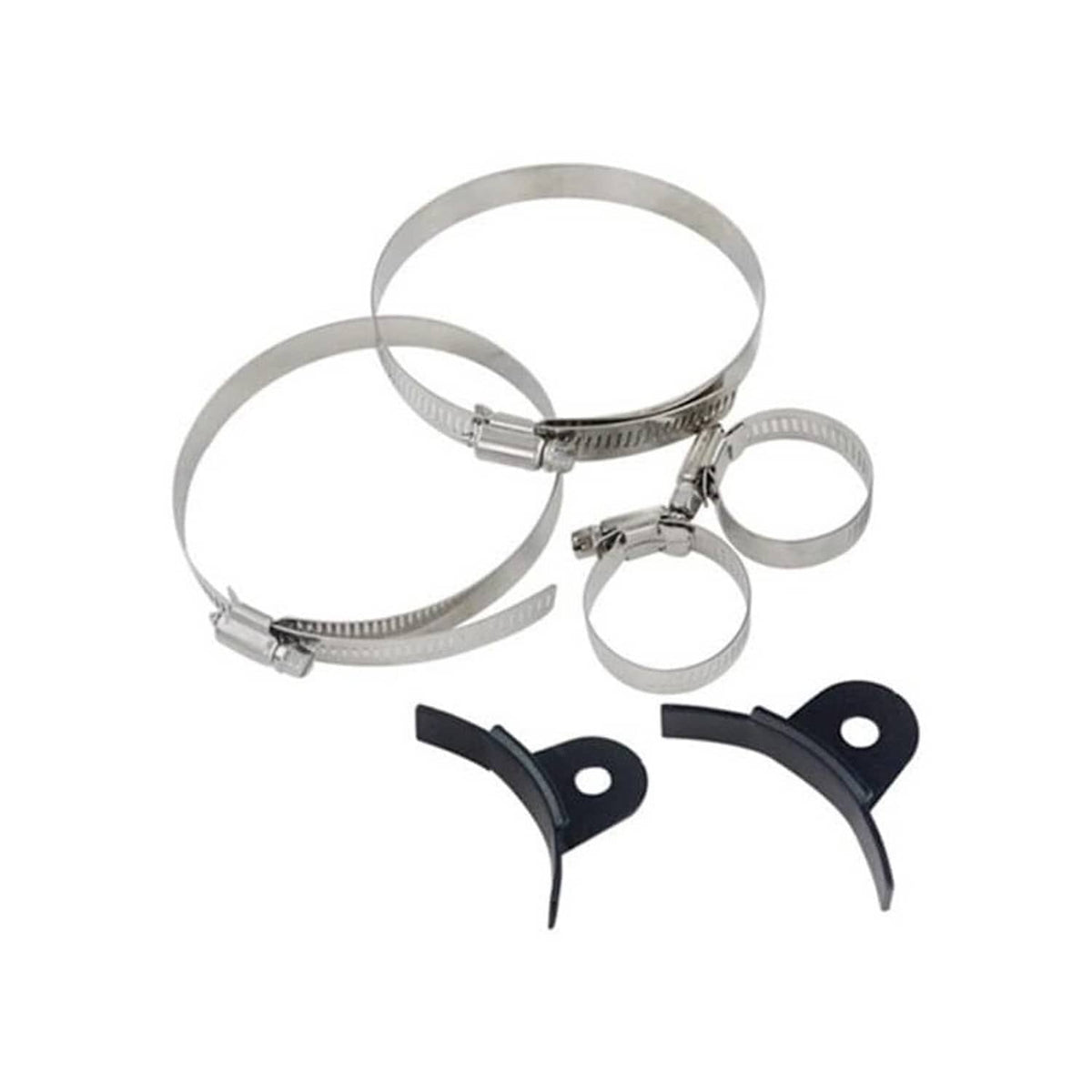 Stainless clamp bands and black mounting brackets for power steering reservoir tank