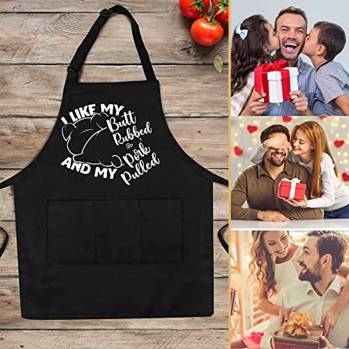 Black grilling apron with adjustable straps and front pocket, humorous utensil text graphic
