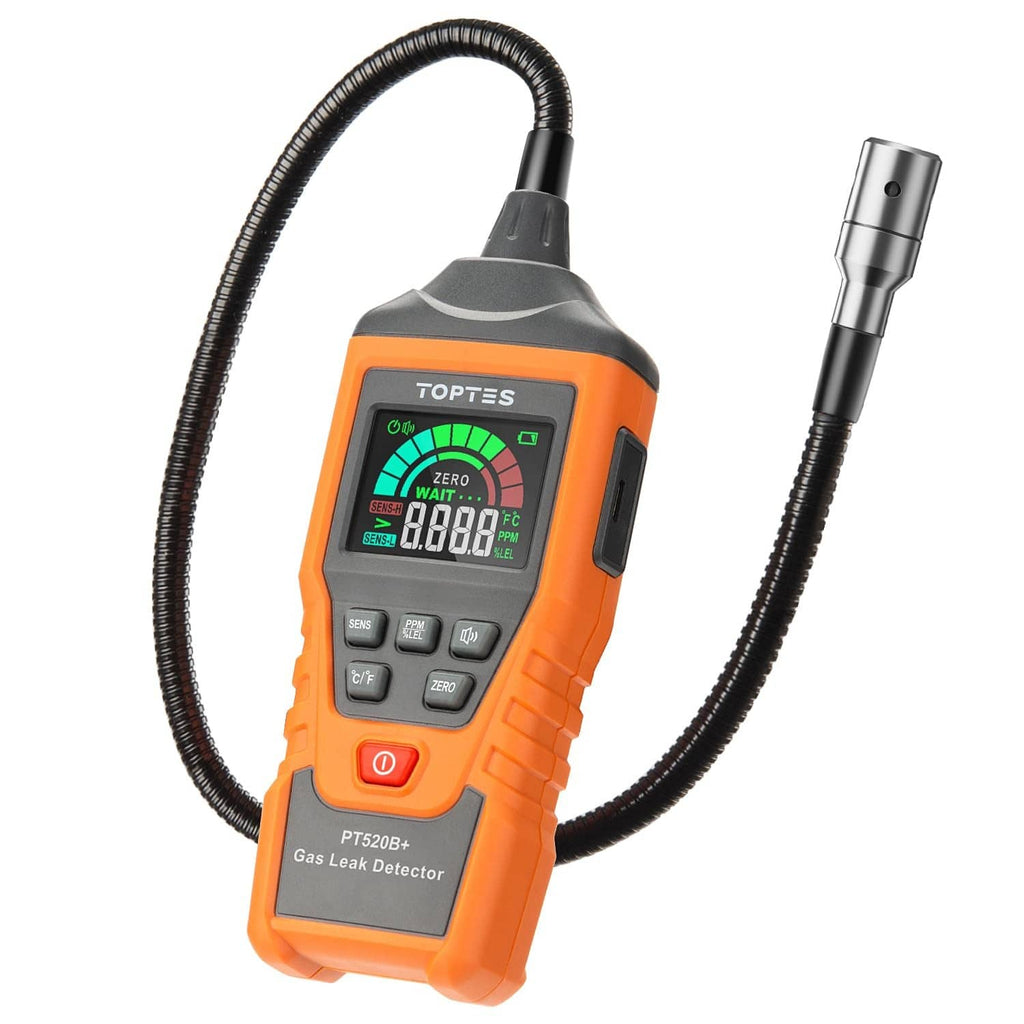 Orange rechargeable gas leak detector with flexible probe and LCD display