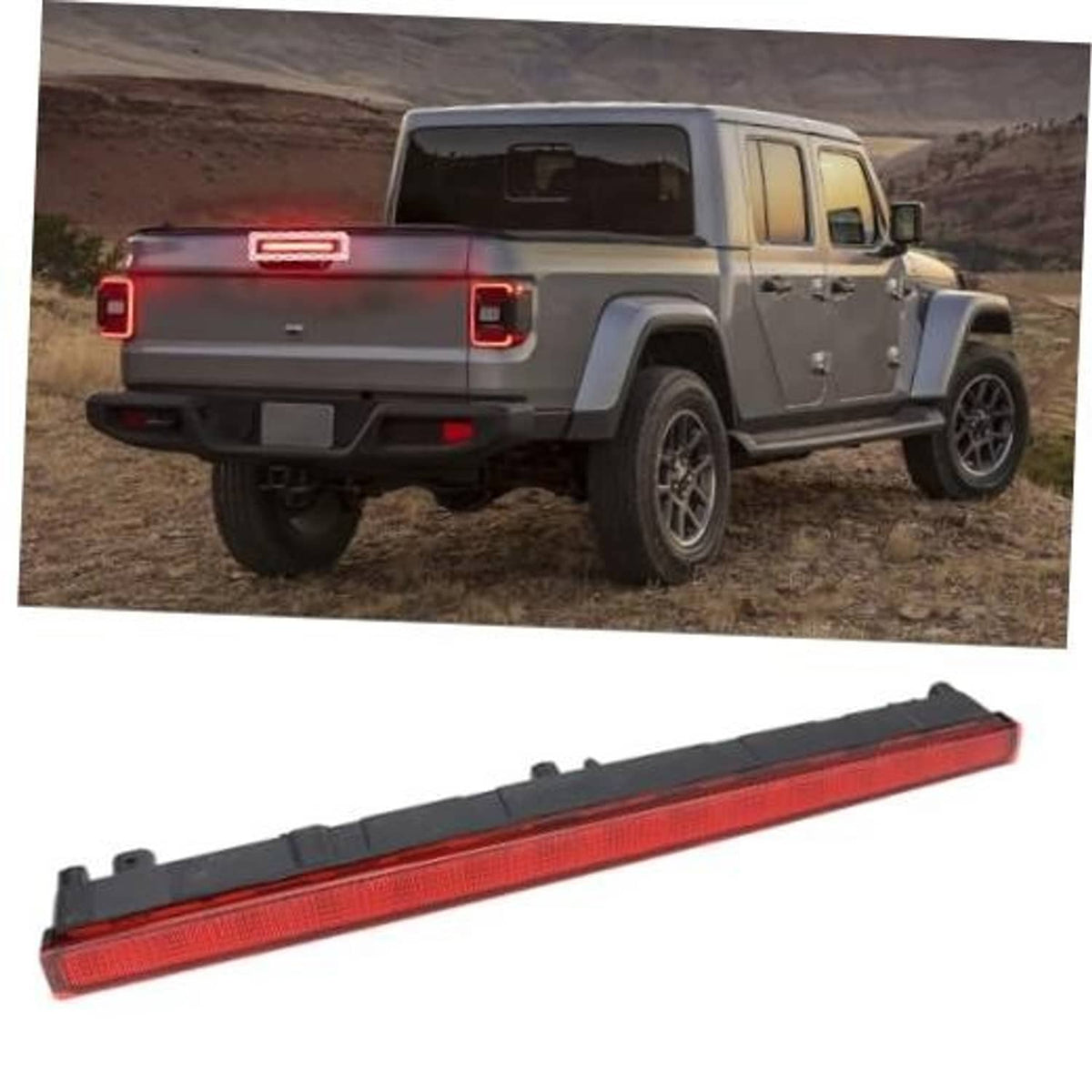 Third brake light bar with red lens and LED strip on a rear vehicle panel