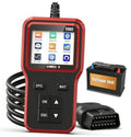 Red handheld OBD2 code scanner with V302 screen, DTC/BAT buttons, and OBD cable
