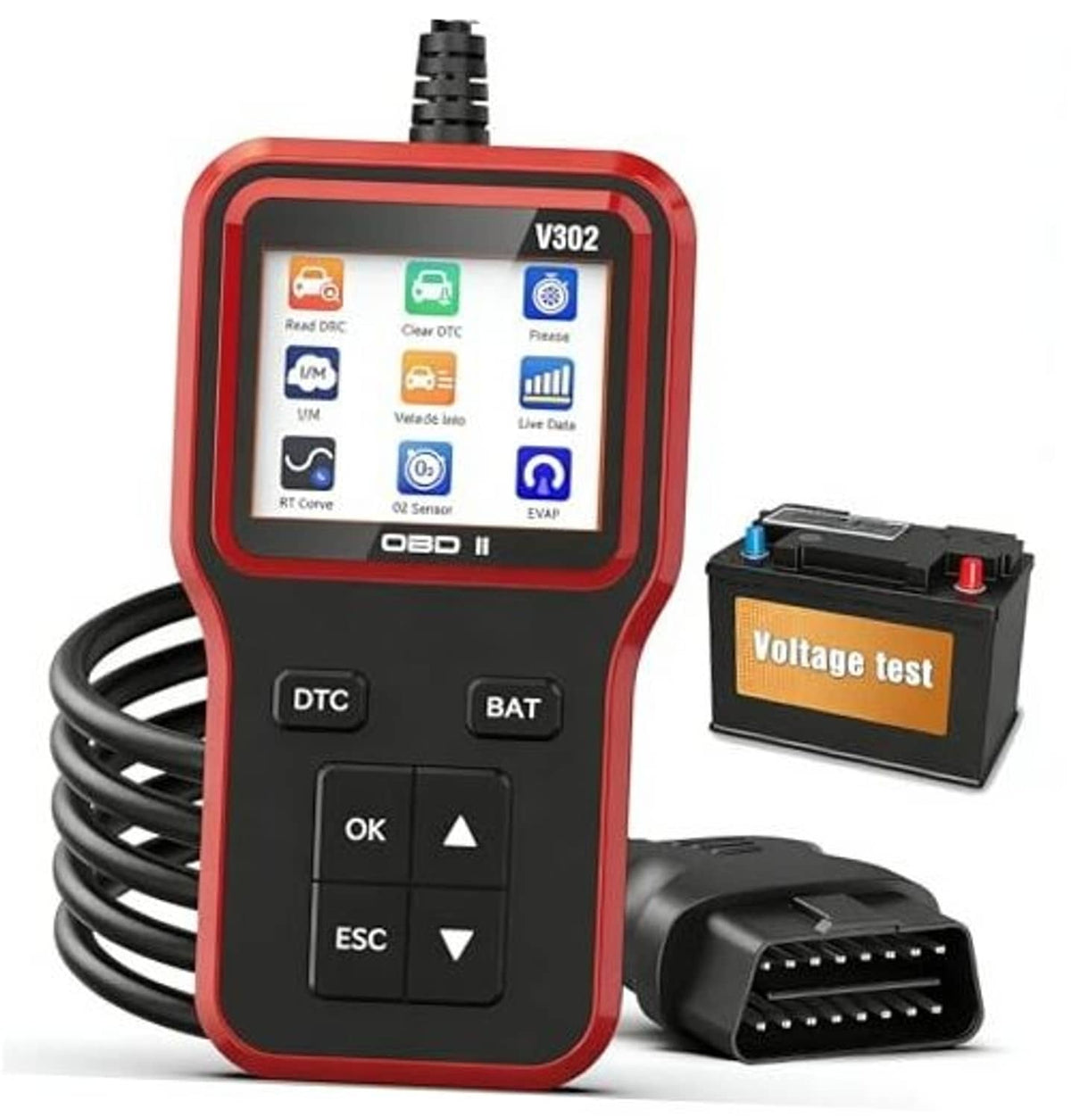 Red handheld OBD2 code scanner with V302 screen, DTC/BAT buttons, and OBD cable