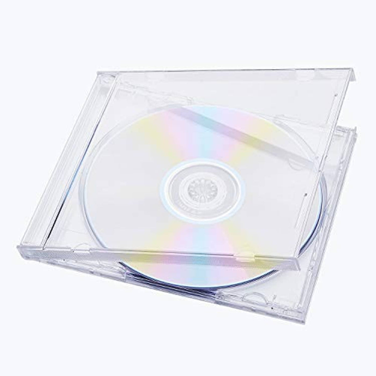 Clear plastic single CD jewel case holding a colorful CD inside the tray