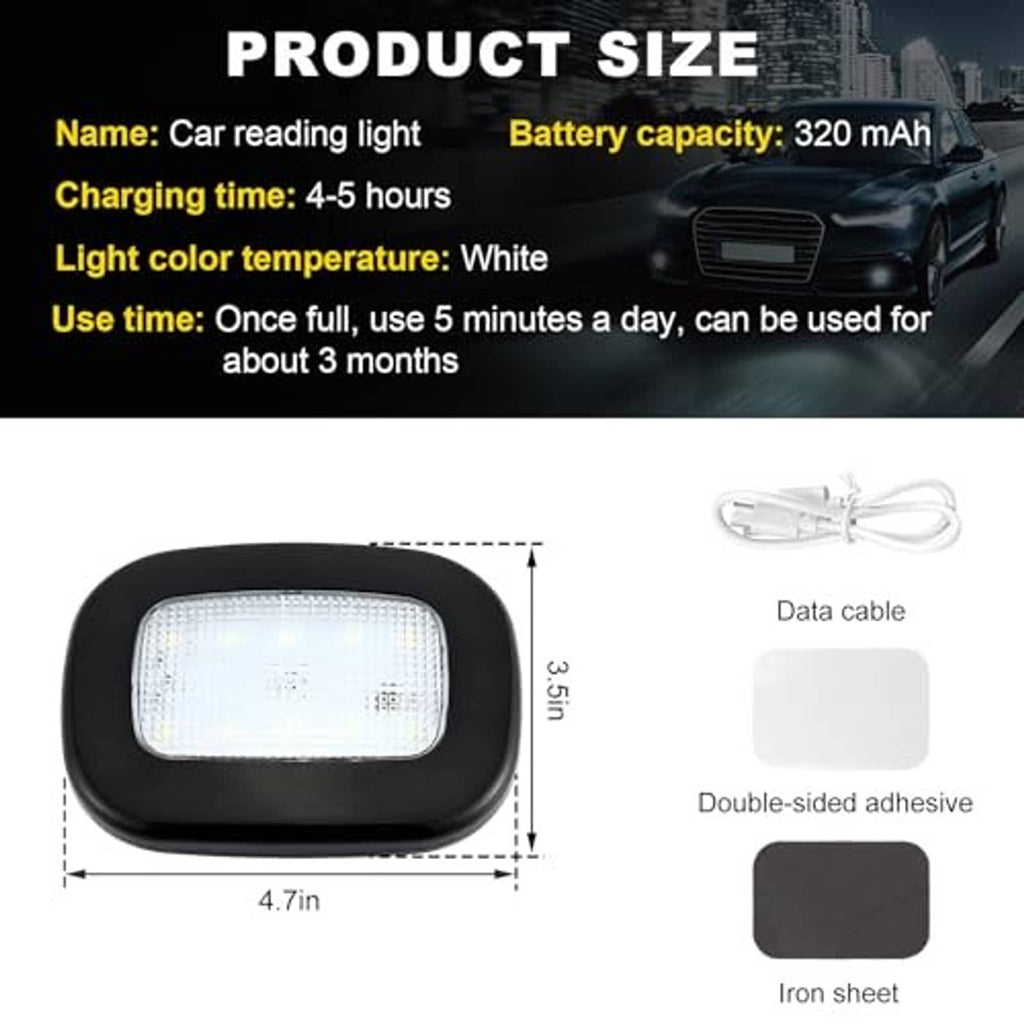 Black dome car reading light with USB cable, double-sided adhesive pad, and iron sheet