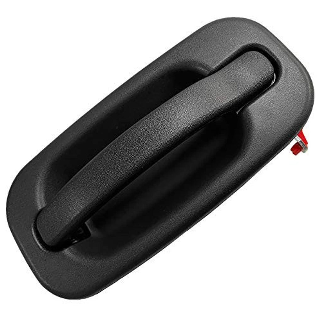 Exterior front passenger side door handle, black textured finish with red release pin
