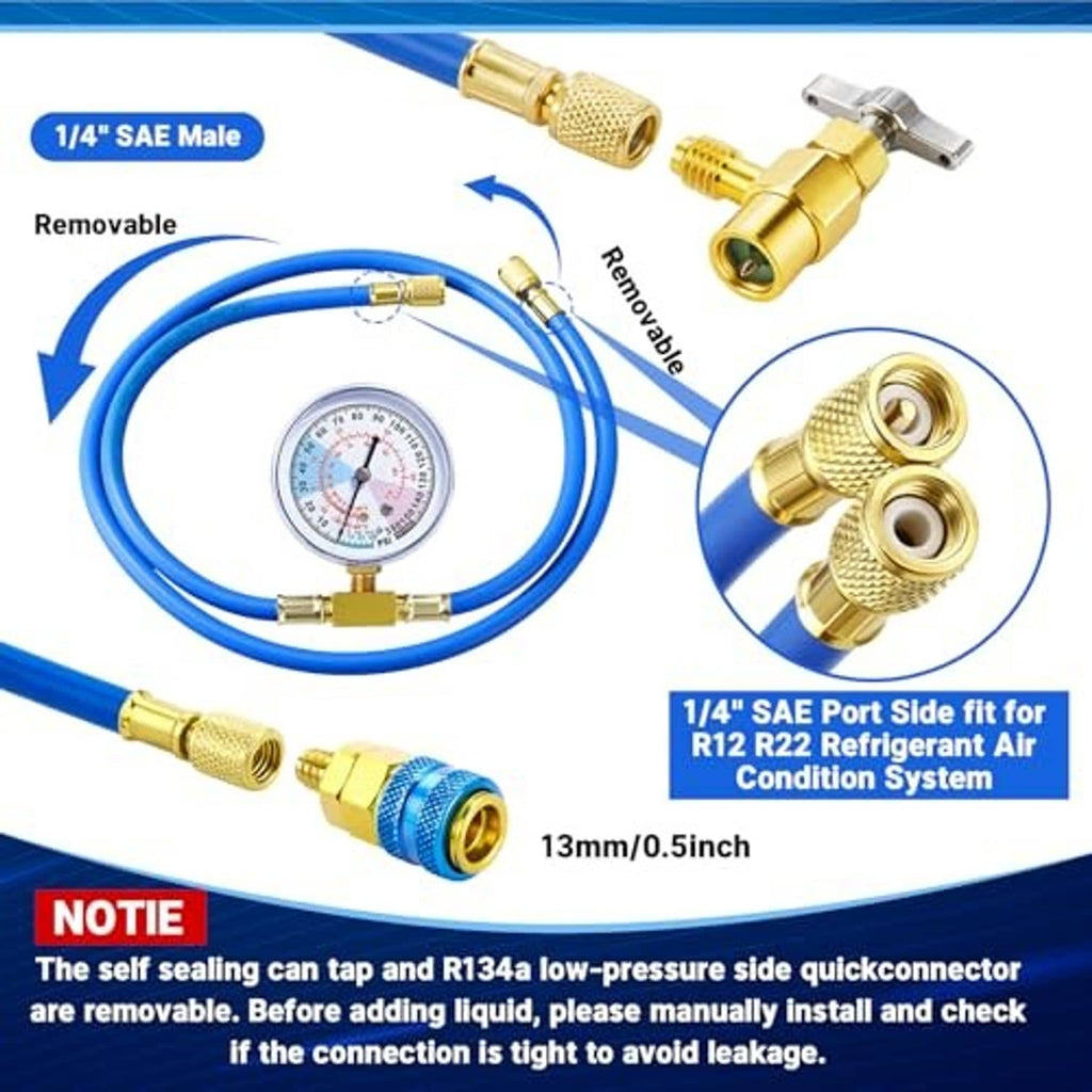 Refrigerant charge hose kit with removable fittings and analog pressure gauge.
